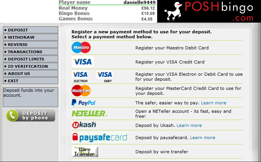 Payment options for players at Posh, large view